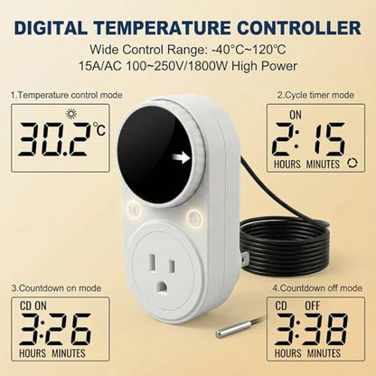 MakerHawk Digital Temperature Controller Thermostat Controller 1800W 120V 15A Rotary Knob Button Adjustment Heating Cooling Control with Sensor for Reptile Incubator Greenhouse Swimming Pool (TC801) - style: TC801