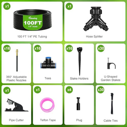 Thiswing 100 FT 360° Adjustable Irrigation System with Stake Holders | 1/4" Tubing, 16 Nozzles, Automatic Watering Misting System, Sprinkler for Garden, Raised Bed, Lawn, Plants - size: 100FT