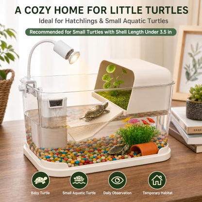 Baby Turtle Tank Starter Kit with UVA/UVB Lamp and Water Filter | Clear PC habitat with cream-white base, textured climbing ramp, ceramic hideout, four plants, grass mat and cleaning sponge