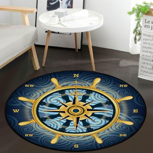 keepcute Compass Nautical Round Rug 5ft, Washable Non-Slip - color: Gold Compass Rose, size: 5' (Round)