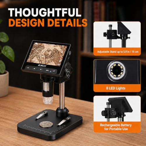 Elikliv Coin Microscope, 4.3'' LCD Digital Microscope 1000x, Coin Magnifier with 8 Adjustable LED Lights, PC View Compatible with Windows/Mac, EDM4B, Black - color: Black