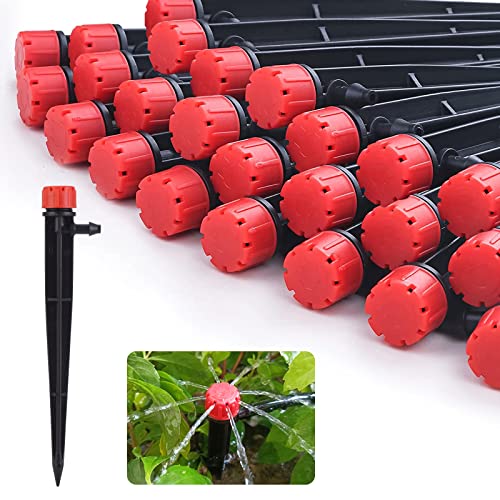 100 pcs Drip Emitters for 1/4" Drip Irrigation Tubing, Adjustable 360 Degree Water Flow Drippers for Drip Irrigation on 5" Arrow Stake for Garden Watering System Flower Plant - size: 100 Pcs Drip Emitters
