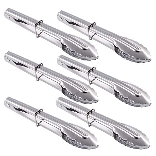 HINMAY Mini Stainless Steel Food Tongs with Silding Rings 7-Inch, Set of 6 | Small Clam Shell Service Tongs for Serving Appetizers, Desserts, Salads, Barbecue and Cooking (Silver) - color: 6 Silver