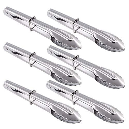 HINMAY Mini Stainless Steel Food Tongs with Silding Rings 7-Inch, Set of 6 | Small Clam Shell Service Tongs for Serving Appetizers, Desserts, Salads, Barbecue and Cooking (Silver) - color: 6 Silver