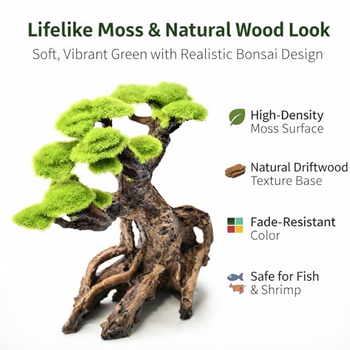 Fish Tank Decor Aquarium Bonsai Tree Resin Ornament with Faux Moss Aquascaping Decoration Artificial Landscape Centerpiece Safe & Fade-Resistant for Betta Shrimp Goldfish