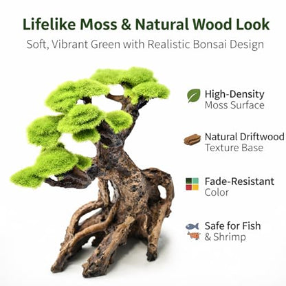 Fish Tank Decor Aquarium Bonsai Tree Resin Ornament with Faux Moss Aquascaping Decoration Artificial Landscape Centerpiece Safe & Fade-Resistant for Betta Shrimp Goldfish