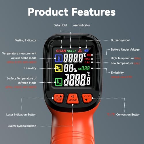 -58°F to 1796°F Infrared Thermometer Gun, Dual-Mode 16:1 | Surface & Internal Temperature Reading，Includes Portable Holster，Humidity & Ambient Temperature Display - color: Orange/-58°F to 1796°F and -58°F to 572°F-holster