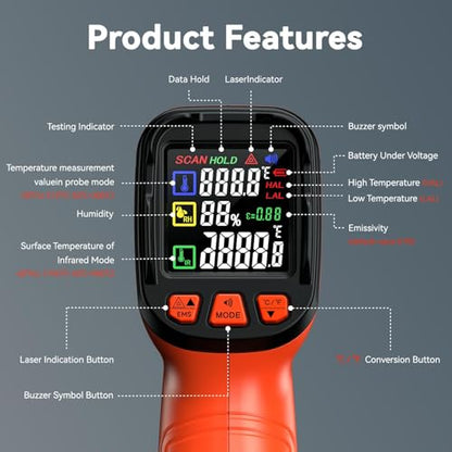 -58°F to 1796°F Infrared Thermometer Gun, Dual-Mode 16:1 | Surface & Internal Temperature Reading，Includes Portable Holster，Humidity & Ambient Temperature Display - color: Orange/-58°F to 1796°F and -58°F to 572°F-holster