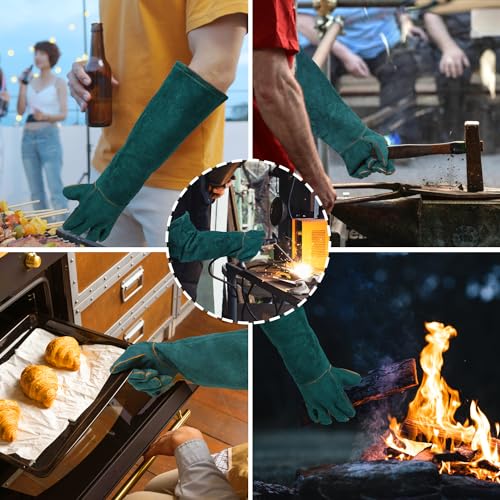 Gardening Gloves 23.6", Thorn-Resistant Long Gauntlet, Split Cowhide Leather Protective Gloves with Reinforced Palm, Fireplace/BBQ/Forge, Welding Heat-Resistant, Animal Handling Bite-Resistant