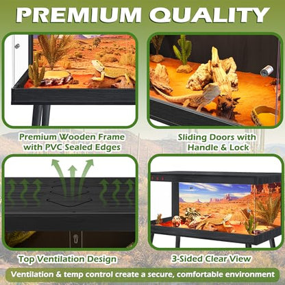 Royxen Bearded Dragon Tank, 82 Gallon Reptile Tank with Leg Stand,Built-in Lighting Reptile Enclosure, Tempered Glass Bearded Dragon Encloure for Chameleon (Black,48"x 20"x 20") - color: Black, size: 82 Gallons,48"x20"x20"