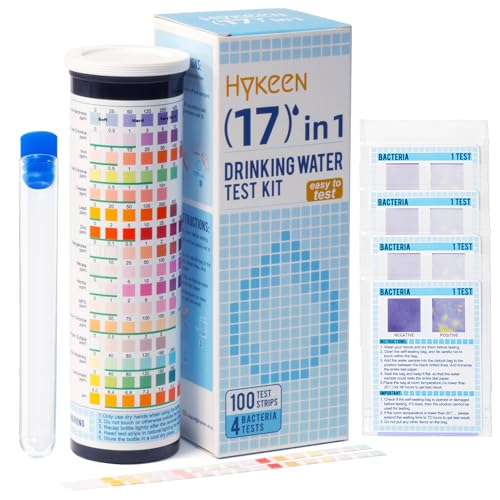 17 in 1 Water Testing Kits for Drinking Water, 100 Strips + 4 Bacteria Tests, Tap and Well Water Test Kit Easy to Test and Read for Hardness, Lead, Iron, pH, Copper, Bacteria and More