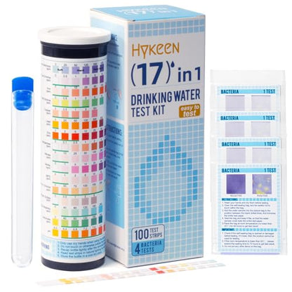 17 in 1 Water Testing Kits for Drinking Water, 100 Strips + 4 Bacteria Tests, Tap and Well Water Test Kit Easy to Test and Read for Hardness, Lead, Iron, pH, Copper, Bacteria and More