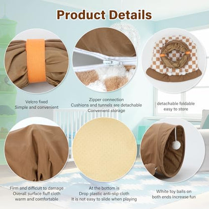 BWOGUE Bunny Tunnel Bed, Collapsible Rabbit Tunnel Hideout with Mat, Coffee | Removable Mat for Washing, Ball Toy for Play, Tunnel Tubes for Hiding, Soft Suede Fabric, Cats Rabbits Guinea Pigs - color: Coffee