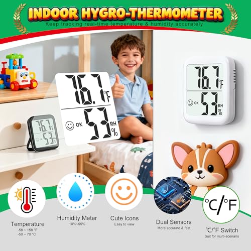 2 Pack Room Thermometer Indoor Hygrometer | Monitor Temperature & Humidity, Accurate, Fast Read, Easy To View, Magnetic/Kickstand/Hanging, ℉/℃, w/ Battery, Compact - color: 2 Pcs* Black & White