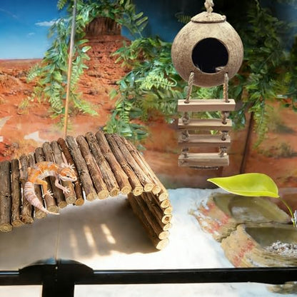 7PCS Crested Gecko Tank Accessories,Natural Leopard Gecko Coconut Hut with Ladder Plastic Leaf Platform for Reptile Wooden Bridge Lizard Hammock Hanging Plants Jungle Vines Flexible Leaves Decor - style: 【Style E】