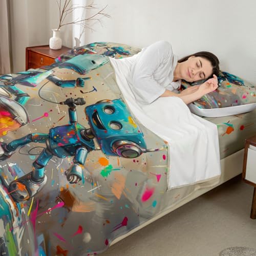 Erosebridal Cartoon Robot Sheet Set Colorful Graffiti Bed Sheets Set Twin Size,Blue Robots Sheets for Kids Boys Teen Girls Modern Equipment Top Sheet - color: Blue Grey, size: Twin