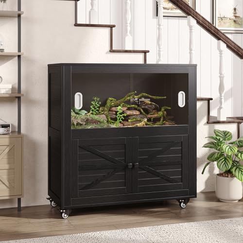 Reptile Terrarium with Stand, 40 Gallon Reptile Tank with Large Storage Cabinet and Ventilated Metal Mesh Top, Black - color: Black