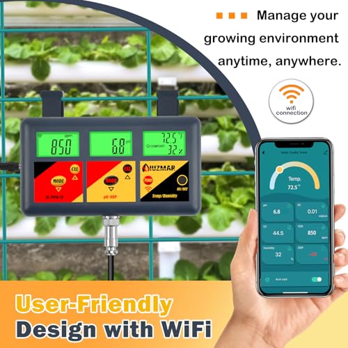 pH EC Meter for Hydroponics 7 in 1 pH EC PPM CF ORP Temp Humidity | Continuous Monitor pH ORP Meter for Water Hydroponics EC PPM Meter for Hydroponic Garden DWC Setup Aeroponic