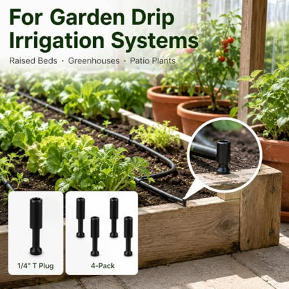4-Pack 1/4 Inch Drip Irrigation T Plugs for Watering Kits | Push-In Plugs Seal Tubing Ends, Replace Lost Parts and Adjust Garden Watering Layouts for HEKIWAY Kits - size: 1/4 T Plug (Fitting)