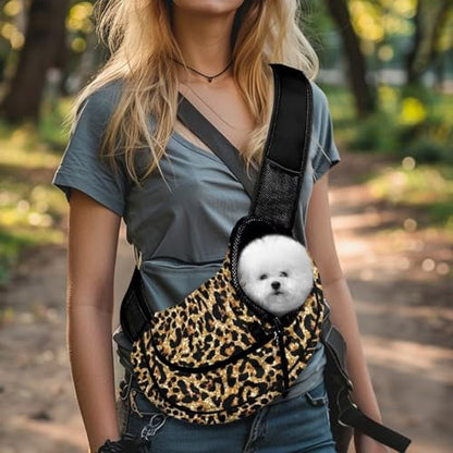 COEQINE Dog Carrier for Medium Dogs Hands-Free Leopard Print Front View Cat Sling Bag Small Cats Jungle Adventure Satchel - color: Cheetah Burst Leopard Print