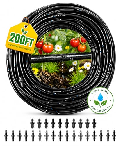 1/4 Drip Irrigation Tubing 200FT, Built-in 0.5 GPH Emitters, 6 Inch Spacing | Slow root-zone watering helps reduce runoff and waste; fittings and end plugs support larger beds, long rows and greenhouses. - size: 200FT