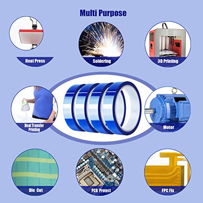 MEBMIK 4 Rolls 20mm x33m(108ft) Blue Heat Tape High Temperature Heat Resistant Tape Heat Transfer Tape for Heat Sublimation Press Vinyl,No Residue