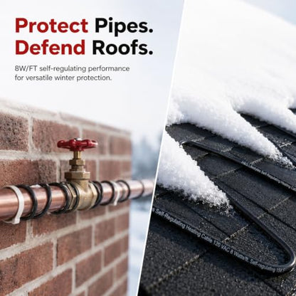 H&G Lifestyles 8W/FT Roof Heat Cable for Roof and Gutters, Self-Regulating | Heaters to Prevent Ice Dams,Heavy Duty Heat Tapes for Snow De-icing, 8Watts per Foot Patented Heating Technology 120FT - color: 120-feet