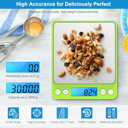 Digital Scale, 3000g, 0.01 Ounces, 0.1 Grams Accuracy Mini Kitchen Food Scale with 2 Trays, Pocket Scale for Jewelry, Coffee, LCD Display, Tare Function, Stainless Steel - color: Green