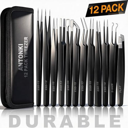 Antonki 12-in-1 Precision Metal Tweezers Set with Leather Case | High Quality, 1.5mm Thick, Strong Hardness, Rustproof, Anti-Static, Tips Cover, Complete Set, Portable Design - color: Precision Tweezers 12 Pack W/ Case - Black
