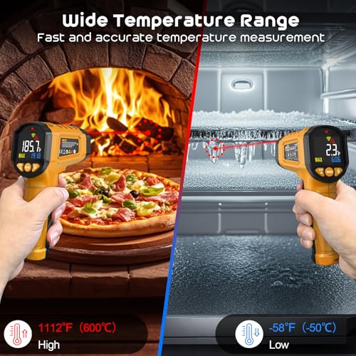 Infrared Thermometer Gun,SQECH Laser Thermometer Gun -58℉～1112℉(-50℃～600℃),Non-Contact Temperature Gun with Adjustable Emissivity&Color Backlight for Cooking, Pizza Oven,BBQ,Fridge,Engine,HVAC(Yellow) - color: Yellow(-58℉～1112℉)