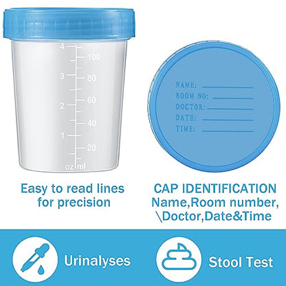 Geiserailie 100 Pcs Urine Cups 4oz Disposable Specimen Container,Blue | Pee Cups for Testing, Leak Proof Screw on Lids for Safe Urinalysis Pee Stool Sample Collection Analysis - color: Blue