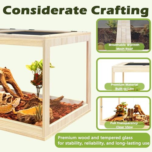 65 Gallon Bearded Dragon Tank, 40 x 20 x 20 Inch Tempered Glass Reptile Enclosure with Metal Mesh Top, Lockable Sliding Front Doors, Large Lizard and Snake Terrarium, Oak - color: Oak, size: 65 Gallon (40x19.5x19.5 Inch)