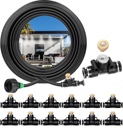 40FT Misters for Outside Patio, Misting Cooling System Anti Leak | Misting Line with 12 Brass Mist Nozzles and Adapter(3/4"), DIY Water Misters for Garden Greenhouse Fan BBQ Party Pool - size: 40FT Misting Cooling System