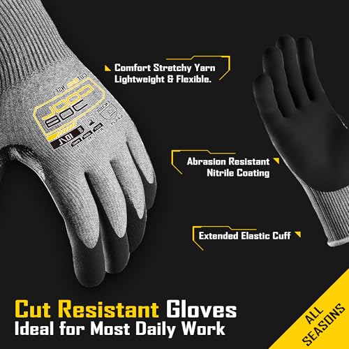 COOLJOB ANSI A5 Cut Resistant Gloves - 1/3/12 Pairs, Nitrile Rubber Dipped Safety Work Gloves for Men, Knife Proof with Grip Coating for Construction Warehouse Glass Wood Work, Grey Xlarge - size: X-Large, style: A5 Pack of 3