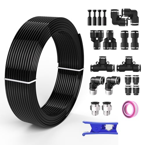 1/8 OD Inch Air Line Hose Tubing Kit Poly Airline Black | Polyurethane Compressed Pneumatic Compressor Repair Kit With Push To Connect Fittings - color: Black, size: 1/8" OD