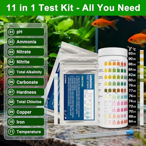 11 in 1 Aquarium Test Strips Kit | Aquarium Ammonia Test Strips | 150 Strips | Quick Accurate Freshwater&Saltwater Fish Tank Water Test Kit for Ammonia,pH,Nitrate,Nitrite,Hardness,Chlorine,Carbonate