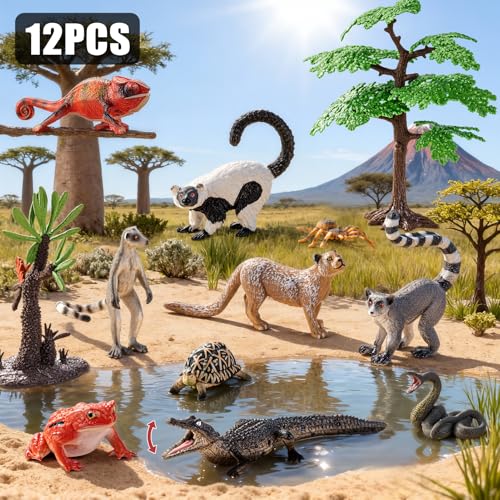12PCS Realistic Madagascar Animal Figurines Toys Plastic Jungle Animals | Figures Playset, Lemur, Chameleon, Tortoise, Frog, Crocodile, Snake with Tree Valentine's Day Gifts for Kids - style: 12PCS Madagascar Reptile Animals