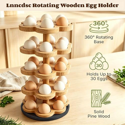 360° Rotating Wooden Egg Holder for 30 Eggs (Wood) | petal-shaped tray, 5 tiers, 6 egg slots per layer, solid wood, farmhouse countertop organizer, for kitchen and Easter display - color: Wood