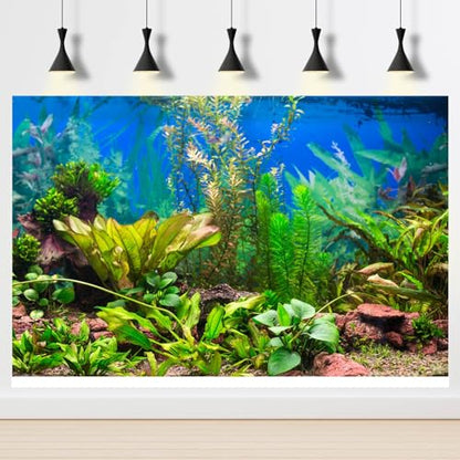 Aquarium Background Various Underwater Grass Plants Fish Tank Background Vivid Fresh Green Aquatic Plants Stone River Bed Dead Wood Purple Stone Terrarium Wallpaper 36x18in - color: Seagrass Green, size: 36(W)x18(H)inches/ 90(W)*45cm(H)