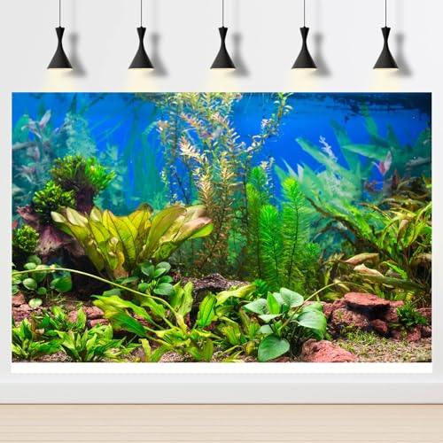 Aquarium Background Various Underwater Grass Plants Aquarium Backdrop Vivid and Fresh Green Aquatic Plants Stone River Bed and Dead Wood Purple Stone Fish Tank Background 24x12in - color: Seagrass Green, size: 24(W)x12(H)inches/ 60(W)*30cm(H)
