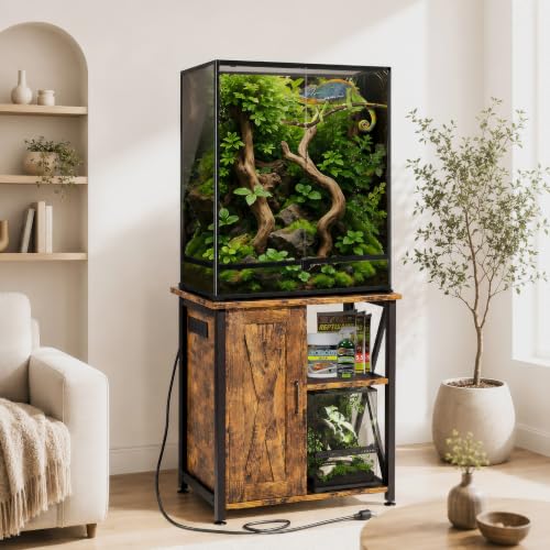 Herture 45-67 Gallon Reptile Tank Stand with Power Outlet, Terrarium Stand with Storage Cabinet, 24" Wx18 D Tabletop, Reptile Terrarium, Rustic Brown PG12XYN - color: Rustic Brown, size: 24x18"-46-67 Gallon