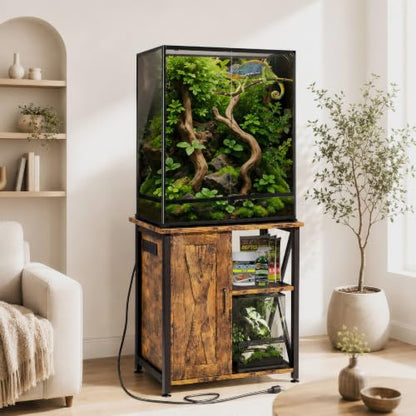Herture 45-67 Gallon Reptile Tank Stand with Power Outlet, Terrarium Stand with Storage Cabinet, 24" Wx18 D Tabletop, Reptile Terrarium, Rustic Brown PG12XYN - color: Rustic Brown, size: 24x18"-46-67 Gallon