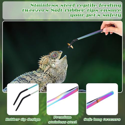 2 Pcs Stainless Steel Reptile Feeding Tongs with Rubber Tip, Aquarium Tweezers, Straight Curved Tweezers, Feeder Tools for Bearded Dragon, Lizards, Terrarium Supplies (10.6 Inch, Color)