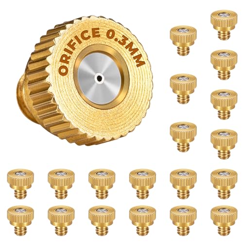 20 Pack Brass Misting Nozzles, 0.0118" (0.3mm) 10/24 Thread | Mister Nozzles Replacement for Outside Patio Misting, Garden Irrigation, Greenhouse Watering, Chicken Coop Pet Cooling - size: 0.3mm Orifice