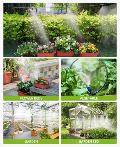 HIRALIY 59FT Drip Irrigation Kit, Quick-Connect Garden Watering System | with 15 Adjustable Misting Nozzles and 1/4 in Tubing for Greenhouse, Hanging Plants, Raised Beds & Patio Containers - size: 59 feet