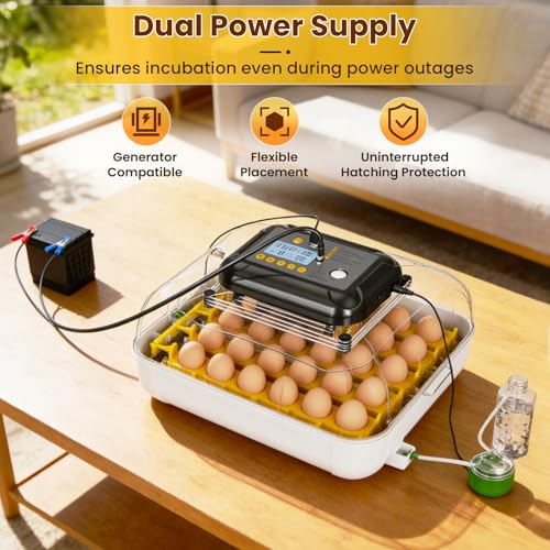 Incubators for Hatching Eggs, 30 Chicken Eggs Incubator with Automatic Egg Turning, Dual Power Supply, Egg Candler, Temperature & Humidity Control with Alert Function, Auto Water Filling