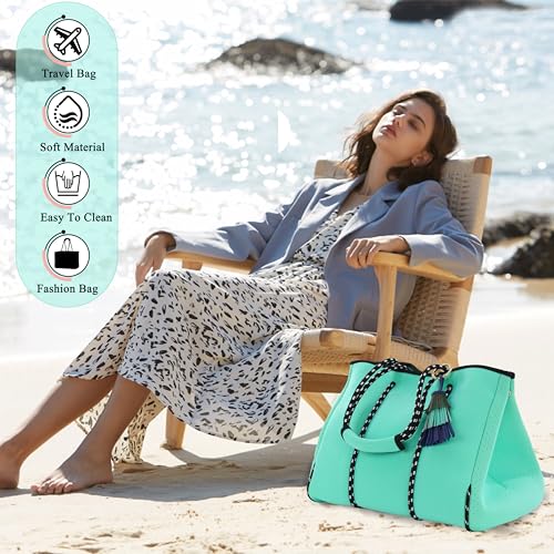 Hibala Neoprene Multipurpose Beach Bag,Gym/Travel/Pool Bag,Tote For Women&Men - color: Mint Green Tassel