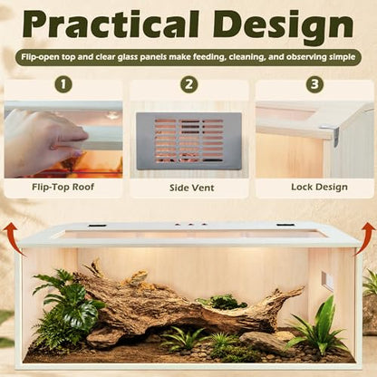 Bearded Dragon Tank,Wooden Reptile Tank and Lizard Tank,Tempered Glass Large Bearded Dragon Enclosure with Built-in Lamp Fixture (48X20X20inch,80 Gallons) - color: Wooden Roof, size: 48X20X20inch,80 Gallons