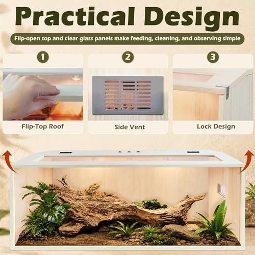 Bearded Dragon Tank,Wooden Reptile Tank and Lizard Tank,Tempered Glass Large Bearded Dragon Enclosure with Built-in Lamp Fixture (48X20X20inch,80 Gallons) - color: Wooden Roof, size: 48X20X20inch,80 Gallons