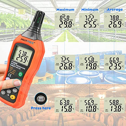 PT6508 Temperature Humidity Meter - Wet Bulb for Indoor/Outdoor | Digital Thermometer Hygrometer Monitor with Ambient, Dew Point, MIN, MAX, Data Hold, LCD Backlight - size: PT6508